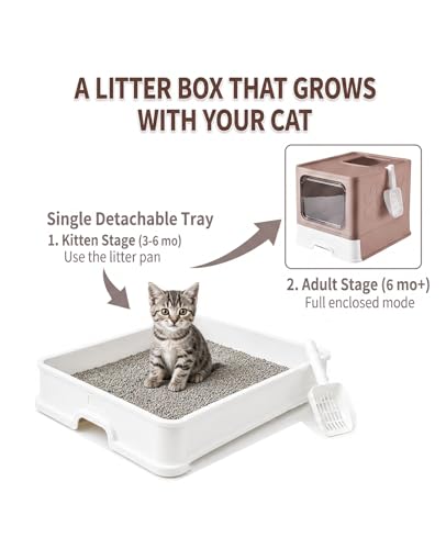 Image of Medario Cat Litter Box with X-Large Litter Mat and Scoop, Large Covered Litter Box with Lid, Enclosed Kitty Box,Front Top Entry Exit, Odor Control Easy to Clean (Upgrade Coffee)