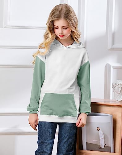 Bingerlily Girls Casual Hoodies Long Sleeve Cute Lightweight Pullover Tops With Pocket Loose Solid Sweatshirt For 4-13 Years Green- White #TOP2