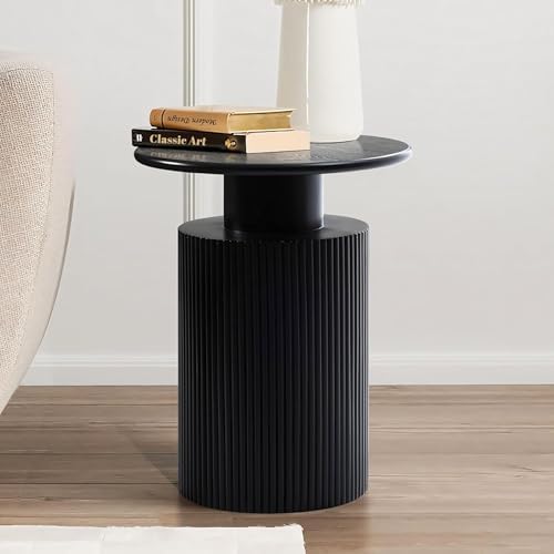 LuxenHome Black Round Side Tables, 21" Fluted Black Side Table fo...