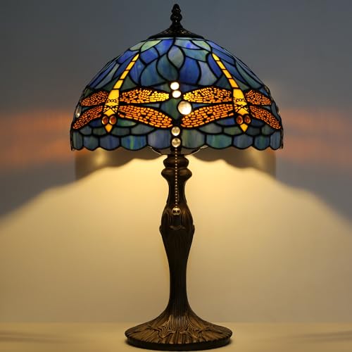 Image of Tiffany Table Lamp Stained Glass Reading Lamp Blue Dragonfly Style