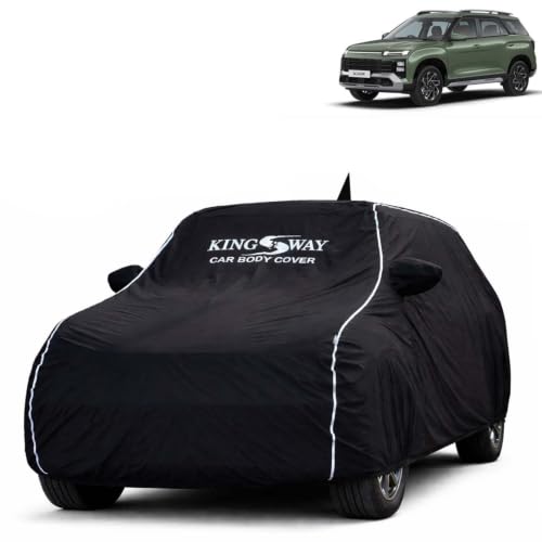 Image of KINGSWAY Super Waterproof Car Cover Only with Hyundai Alcazar (Year 2024 Onwards - All Model) | Mirror and Antenna Pockets | All Weather Car Body Cover with Silver Piping | Black