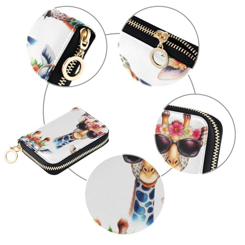 Cute Colorful Giraffes Floral White Women Wallet Leather RFID Blocking Credit Card Holders Compact Zipper Coin Purse with Key Ring4