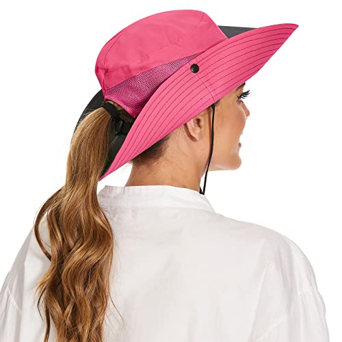 Ponytail Fishing Hat For Women Sun Protection Adjustable Foldable Mesh Wide Brim Sun Hat For Outdoor Activities Summer Hats Watermelon One Size #TOP2