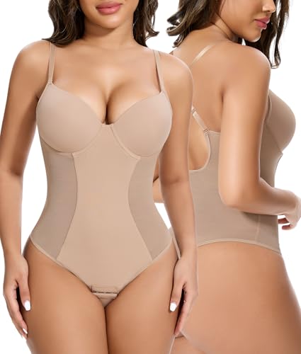 SHAPERIN Shapewear Damen Body Mit BH Push Up Figurformender Bodysuit Rückenfrei Bodys Baucheweg Shape Body Verstellbarer Schultergurt Beige L
