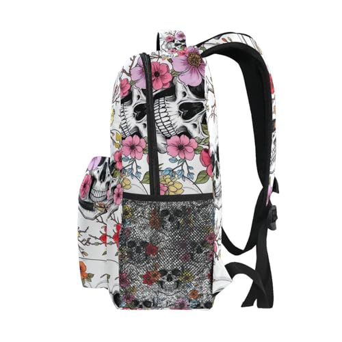School Backpack for Girls, Kids Travel Backpack, Kids Back to School Supplies, Ideal for Ages 6–14, White Skull Colorful Flower4