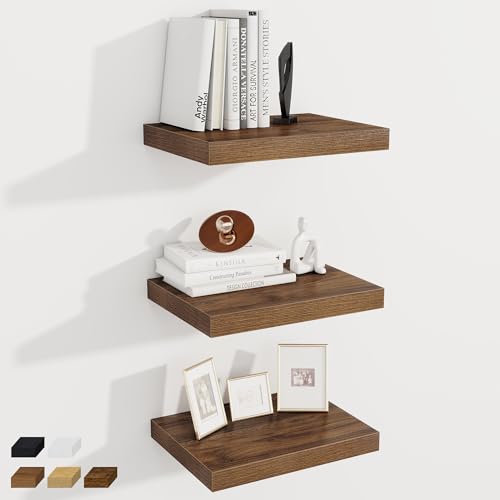 Image of Fun Memories 12 Inch Deep Floating Shelves, 16 x 12 Wooden Wall Shelves, Extra Deeper & Thicker Rustic Wall Mounted Storage Shelf for Fireplace, Living Room, Kitchen, Farmhouse, Walnut - 3Pack