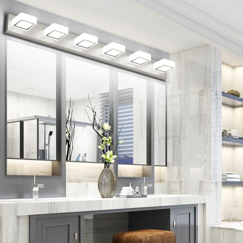 Image of Ralbay Brushed Nickel Bathroom Vanity Lights 48inch Metal Acrylic LED Modern Bathroom Wall Lighting Fixtures Over Mirror Brushed Nickel (White Light 6000K, Non-dimmable)