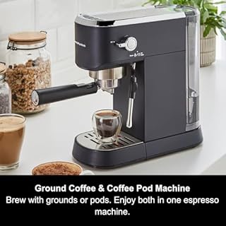 Morphy Richards Signature Compact Espresso Maker, Ground Coffee, Dual Cup, Illuminated Buttons, 1L Water tank, Steam Control, Milk Frother Wand, includes Tamper, Spoon, Stainless Steel, Blue, 172025