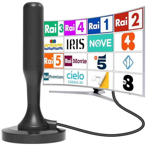 Antenna TV da interno, antenne tv intérieur puissante, antenna TV portatile con potente base magnetica，ricezione a lunga distanza Supporta 4K 1080p DVB-T/DVB-T2Canale locale