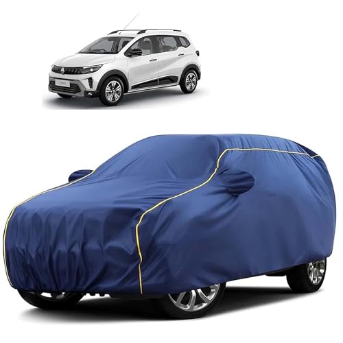 Image of Sulfar 100% Water Resistant Car Body Cover Compatible with Mirror for Renault Triber (Triple Stitched, Full Bottom Elastic, Blue Tafetta with Yellow Piping)