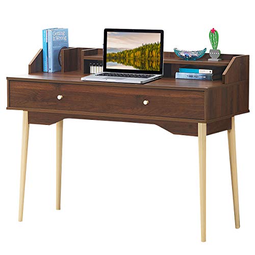 COSTWAY Table de Bureau Informatique avec 2 Tiroirs, Secrétaire Table pour Salon, Bureau, Chambre, 120 x 50 cm (Noyer)