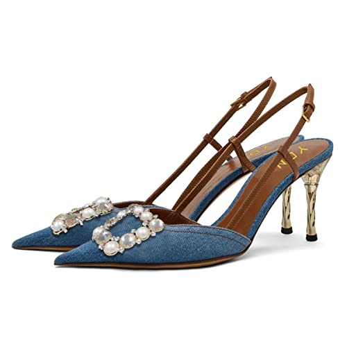Ydn Women Gold Mid Heel Slingback Sandals Rhinestone Pointed Toe Pumps Fashion Denim Dress Party Shoes Size 11 Brown Strap #TOP20