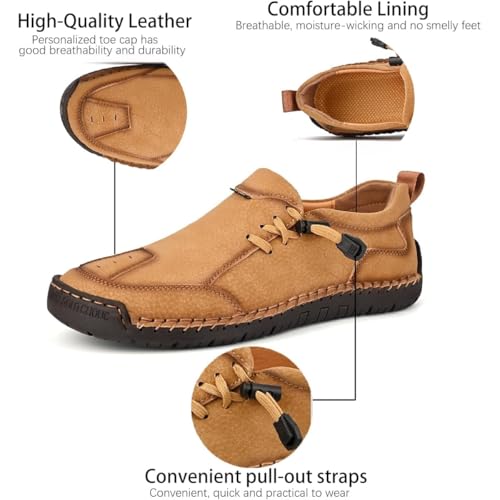 Men's Leather Hand Stitching Lace-Up Loafers Lightweight Breathable Moccasins,Non Slip Soft Bottom Casual Driving Shoes2