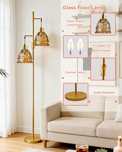 Image of 2-Light Modern Glass Floor Lamp, Gold Tall Standing Lamp with Amber Lace Glass Shade for Reading, Dimmable LED Floor Lamp with 5Lbs Heavy Base for Living Room Bedroom Home Decor, Bulb Included
