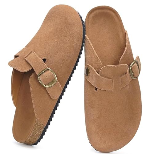 Forhome Zuecos y Mules para Mujer,Pantuflas de Piel con Corcho Cerradas,Zuecos de Piel,Corcho Zapatos Antideslizante,Zapatillas de Jardín Sandalias,Hebilla Ajustables,38-39
