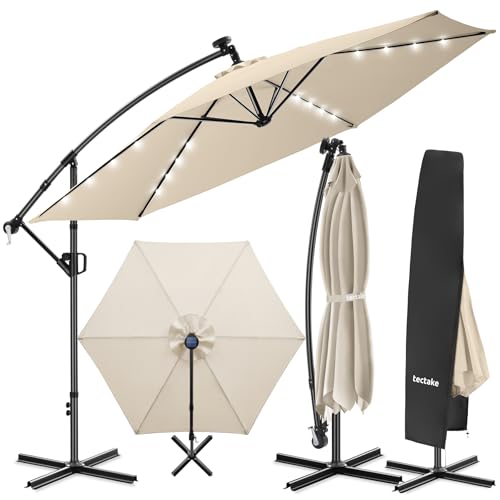 tectake® Parasol déporté, 3,5 x 3,5 m avec Eclairage LED, Pivotant à 360°, Inclinable 90° à 135°, UV 50+, Panneau solaire, Parasol de jardin exterieur,...
