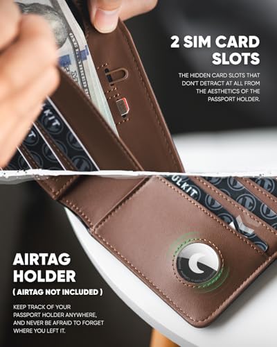 Image of VULKIT Passport Wallet Compatible with Airtag Holder RFID Blocking Bifold Travel Card Holder, Black Brown, 6.9x4.3x0.10 inches, Minimalist