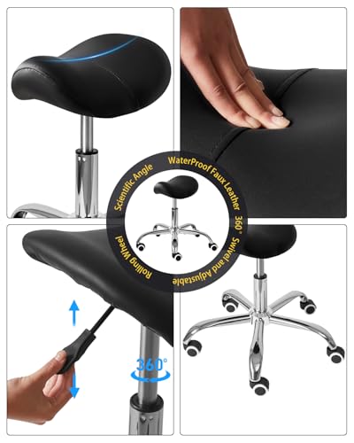 IBUYKE Leather Saddle Stool with Wheels, Adjustable Rolling Stool 14"-20", Comfortable Chair for Medical Massage Salon Kitchen Spa Tattoo Office, Ergonomic Swivel, Black WBD028B - Image 6