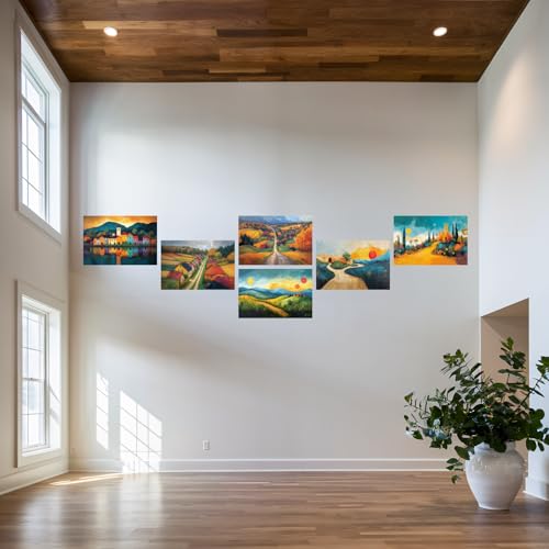 Image of SiddArtify Landscape Wall Art Poster Print Set - Colorful Village & Countryside Decor for Living Room Office - 12x18 inch Sticker Pack of 6