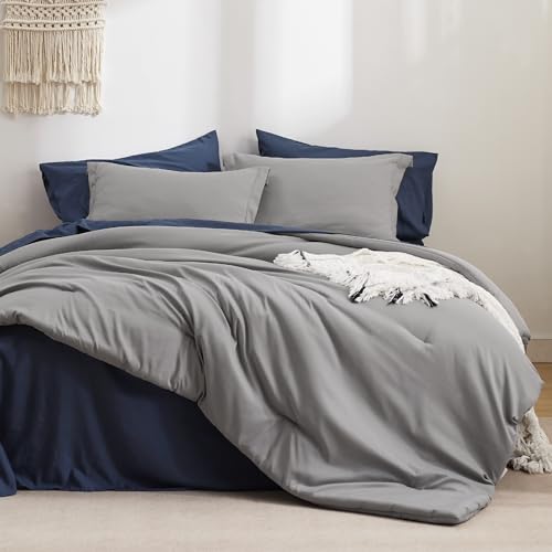 Image of Bedsure Full Size Comforter Set - 7 Pieces Grey Full Bedding Set for All Seasons, Boho Contrasting Design Bed in a Bag with Comforter, Sheets, Pillowcases & Shams