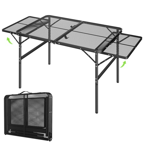 PEILU Klappbare Campingtische mit Ausziehbares Regal Metall Beistelltisch Gartentisch mit Metallgitterplatte Tragfähigkeit bis 30KG Höhenverstellbarer Grilltisch für Angel Strand (Länge 90-134cm)