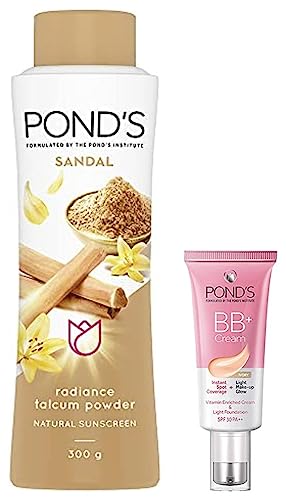 Image of POND'S Sandal Radiance Talcum Powder, Natural Sunscreen, 300 g & PONDS BB+ CREAM ivory instant spot coverage + light make up glow vitamin enriched cream & lightweight foundation spf 30PA+++ 30(g)