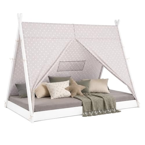 Homestyle4u 1847, Tipi Lit pour Enfant 90 x 200 cm Blanc Gris Bois Pin Tente avec étoiles