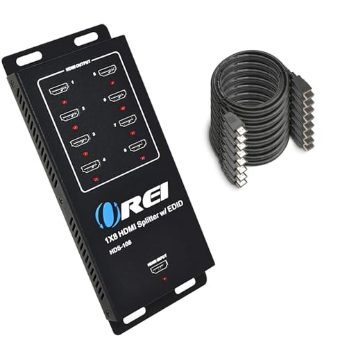 OREI 4K 1x8 HDMI Splitter 1 in 8 Out Bundle with 8-Pack 6ft HDMI Cable |Ultra HD @ 30 Hz 1x8 Ver. 1.4 HDCP - Supports 3D Full HD 1080P