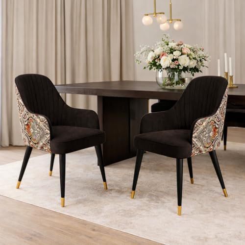 Image of Velvet Accent Chair | Modern Upholstered Dining Chair for Living Room, Office, Lounge & Vanity | Sturdy & Stylish Armchair (Floral, Black)