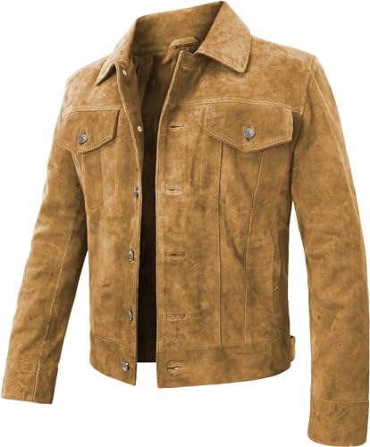 LP-FACON Mens Trucker Suede Leather Jacket - Western Style Cowboy Leather Jacket Brown/Black 5