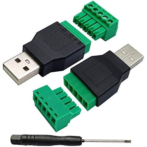 AAOTOKK USB 2.0 A Screw Terminal Block Adapter USB 2.0 A Male to 5 Pin/Way Female Bolt Screw Shield terminals Pluggable Type Adapter Connector for Charging and Data Transfer (2Pack/Male) Cover
