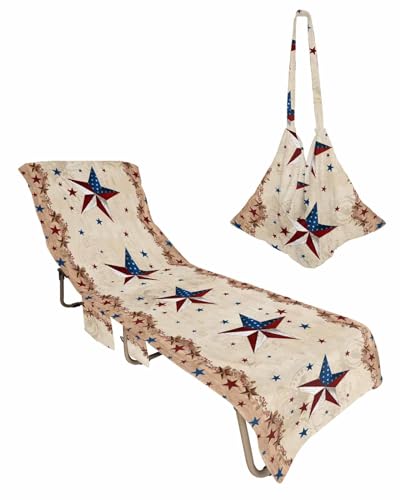 Country Star 4th of July Beach Lounge Chair Towel Cover, Soft Chaise Lounge Towel with Side Pockets Patio Pool Chairs Cover for Beach/Pool Sunbathing 29x85 Rustic Texas Star Blue Red