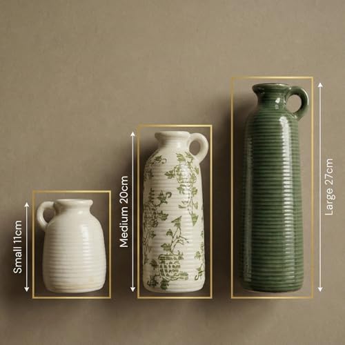 Ceramic Vase Set of 3 with Handles, Green White Neutral Rustic Modern Farmhouse Boho Decor, Versatile as Table Centerpiece or Mantel & Shelf Accent - Unique Home Gift Idea - Image 3