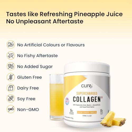 Image of Supercharged Collagen Powder 200g | Type I and III Collagen Peptides with Biotin L-Glutathione Sea Buckthorn | Skin Hair Nails Support | Pineapple | Men and Women | 25 Servings