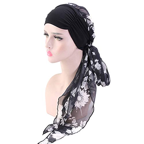 TININNA Vintage Mujer Turbantes Pañuelos Cabeza con Flores,Color Sólido, para Càncer Quimioterapia, Chemo Oncológico, Noche Pèrdida de Pelo Cabello, Bufanda Musulmana,Negro Blanco