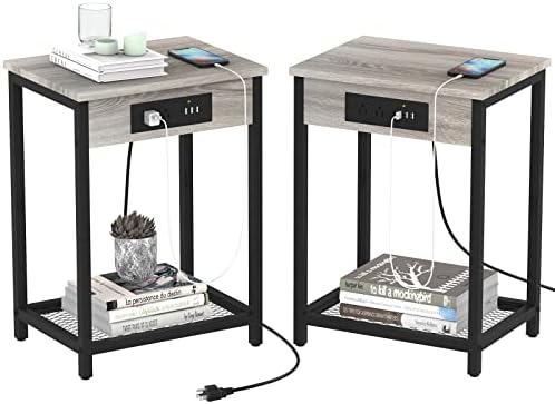 Nightstand with Charging Station Set of 2 End Table with USB Ports and Power Outlets Modern Side Table for Bedside Sofa in Bedroom Living Room Farmhouse, Grey and Black