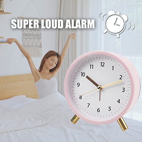 Aolox Alarm Clock 4.5" Bedside Analog Alarm Clock For Bedroom Battery Operated Round Clock With Backlight, Pink #TOP1