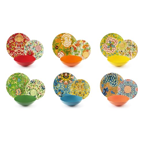Excelsa La Via Della Della Soie Service de vaisselle 18 pièces, Porcelaine et Stoneware, Décoration Multicolore, 6 Personnes