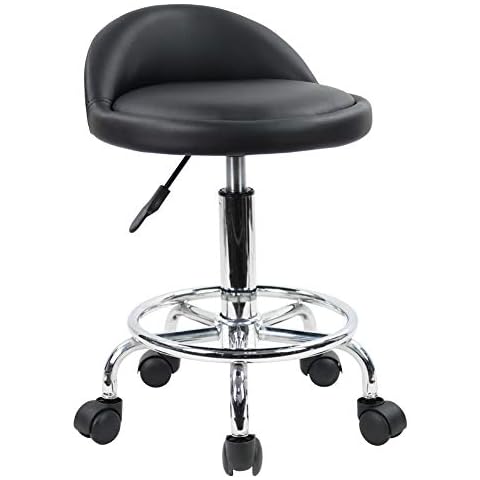 KKTONER PU Leather Round Rolling Stool with Foot Rest Height Adjustable Swivel Drafting Work SPA Task Chair with Wheels (Black) Cover