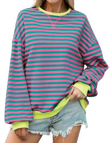 Lonya Oversized Sweatshirt Damen Pullover Baumwolle Gestreiftes Rundhal...