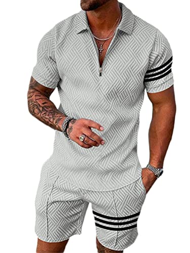 Osheoiso 2 Teiliges T-Shirt und Hosen Sets Herren Polo Shirt Shorts Jogginganzug Druck Trainingsset Mode Outfit Kurze Sweathose für Männer Sommer Freizeitanzug A 7 M