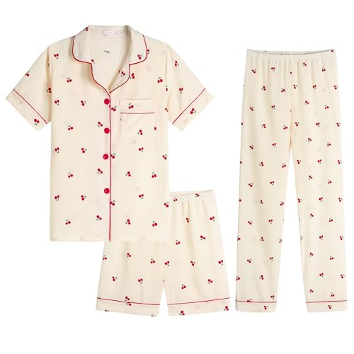 Image of Hupohoi Big Girls Button Down Pajama Set 3pcs Short Sleeve Long Pants with Shorts Crepe Wrinkled Fabric Sleepwear Nighty