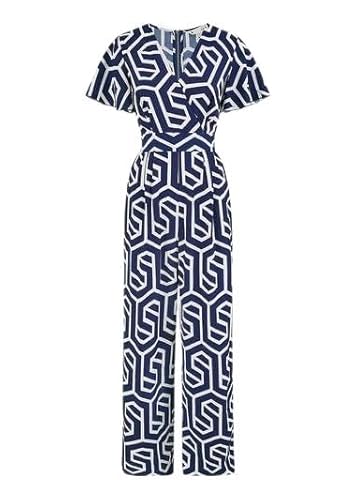 Yumi Navy Geometric Print Jumpsuit, Wide Leg, V-Neck, Short Angel Sleeves, 135cm Length (Navy, 16)