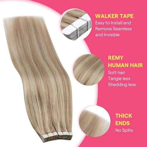 Image of Ve Sunny Hair Tape in Extensions 22Inch Long | Ash Blonde Highlight Bleach Blonde,50g 20Pcs,Silky Smooth,for Party