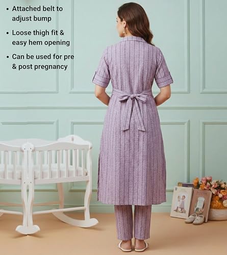 Image of DUMMY SHAPE Feeding Dresses for Women Full Set | Cotton Blend Maternity Kurta Pant Suit with Dual Nursing Zippers, Side Pocket to Pre & Post Pregnancy | Mom to Be Gifts