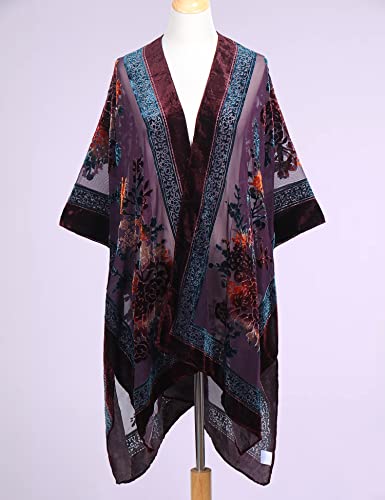 Image of Women's Burnout Velvet Kimono Long Cardigan Cover Up Casual Outfit