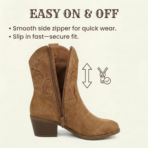 Image of Cowboy Boots for Women Short Shaft Side Zip Embroidered | Almond toe block heel western style for country concert outfits for women cowgirl outfits for women and casual wear