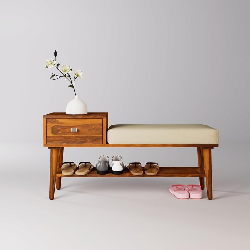 Image of VK Furniture Solid Sheesham Wood Shoe Rack with 1 Drawer Storage | Wooden Large Size Shoe Cabinet with Cushion Seating for Home, Living Room, Hotel, Enteryway (Honey Finish)