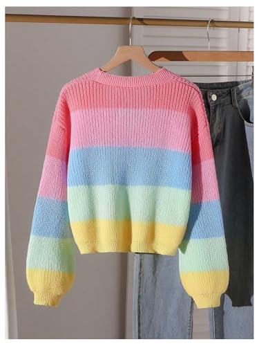 Image of BEAUDRM Girl's Rainbow Cardigan Sweater Fall Cute Sweaters Colorblock Button Down Cardigan Long Sleeve Knitted Top