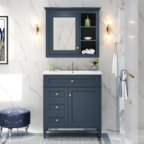 Image of Merax 30 Inch Bathroom Vanity with Sink Set, Modern Bathroom Vanity Storage Cabinet with Matching Mirror Medicine Cabinet, Solid Wood Frame,Painted Finish, 2 Drawers and 1 Tip-Out Drawer, Navy Blue